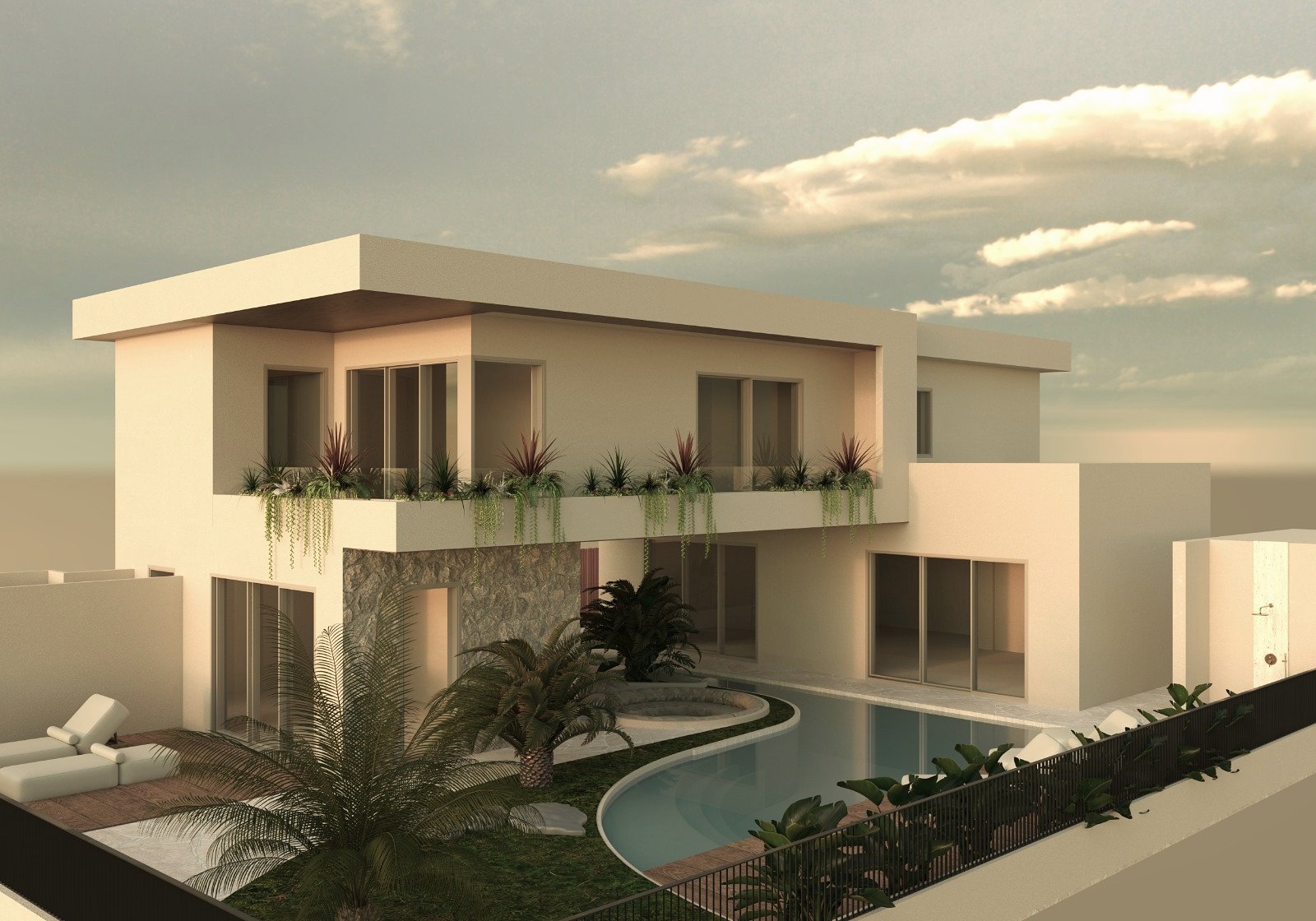 Signature villa – dış cephe ve havuz, proje render'ı